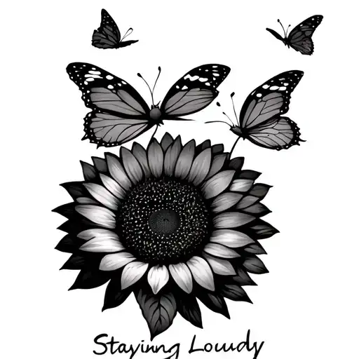 Sunflower With 2 Butterflies On Flower And One Flying Away With Words Staying Loudly