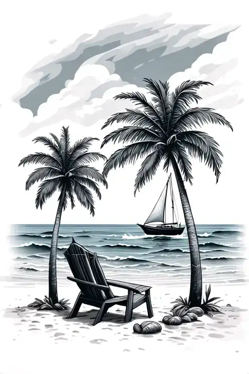 Ocean Beachfront With Chair And Palm Trees With A Sailboat In The Water