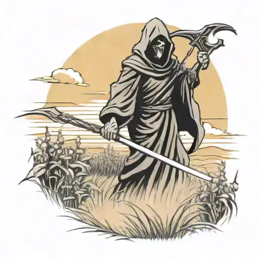 Grim Reaper With Scythe Walking Through Field With Sun