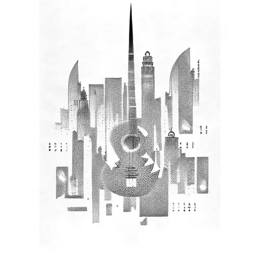 A Music Sheet With Guitar Tabs Forming A City Skyline