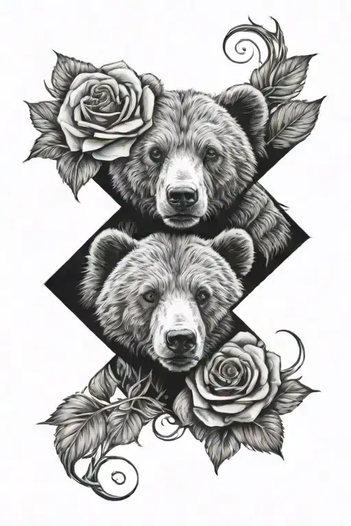 Bear Cub Face And Rose Intertwined