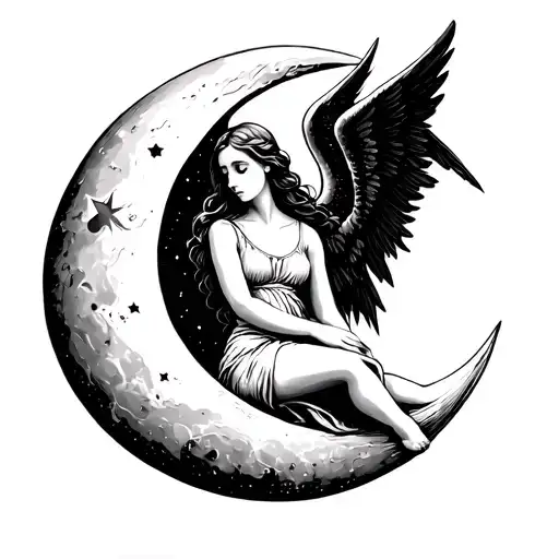 Angel Girl Sitting On A Moon Minimalistic
