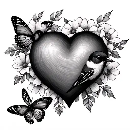 Heart Ith Blublls And Flowers With Robin And Butterfly Little