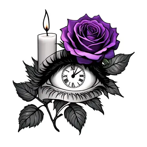 Purple Rose And Candle Burning With Eye With Clock In It