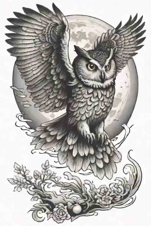 Owl Flying Towards Bright Shining Full Moon Merging Together