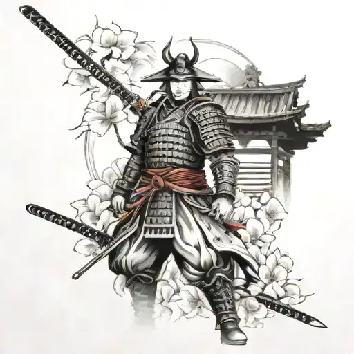 Samurai Warrior Standing And Sakura Behind Him And Japanese Gate