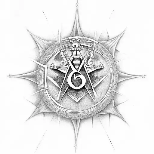 An Intricate Black-grey Tattoo Depicting A Freemason Symbol Surrounded By Sacred Geometry