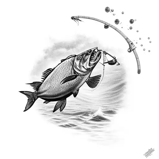 A Black-grey Tattoo Of A Fisherman Catching A Futuristic Robotic Fish In A Pixelated Gaming World