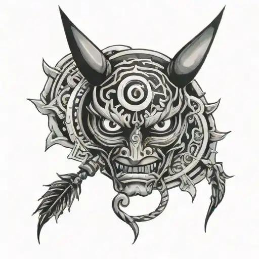 Oni Mask With Sharingan Eye On The Left And Virgo On The Right Eye
