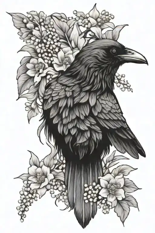 Crow With Marigold And Lily Of The Valley