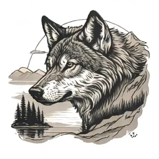 Tattoo Of A Wolf Standing In Front Of A Mountain That Is Above A Lake