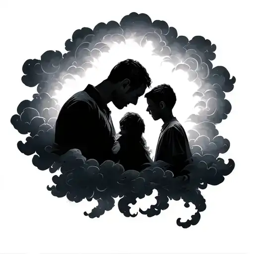 Memorial Tattoo Depicting Clouds Surrounding A Dad And Son