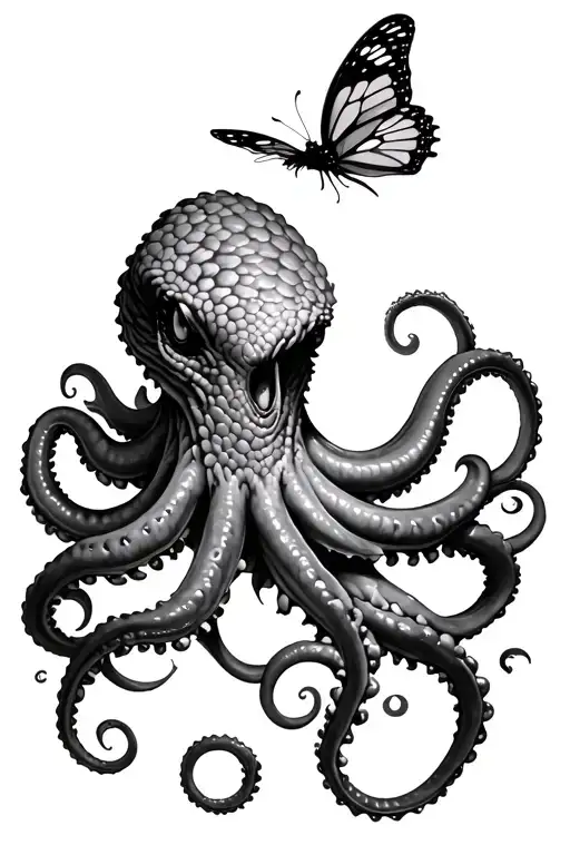 Kraken Looking At A Butterfly Sitting On One Of Its Tentacles