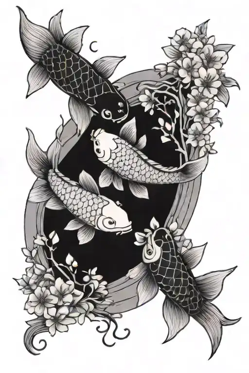 Two Koi Fish With Cherry Blossom Swimming Gracefully