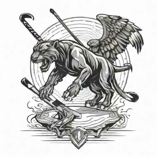 A Panther And Eagle Facing Off In A Hockey Rink With A Boat In The Background