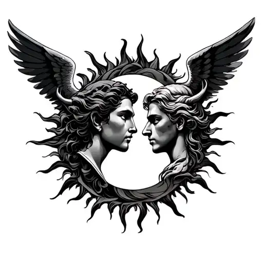 Sun Outline With An Angel And Demon Side Profiles Looking At Eachother Inside Of The Sun