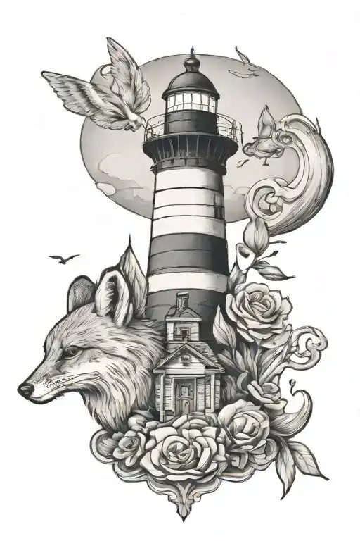 Lighthouse With A Fox And A Rabbit Standing Nearby