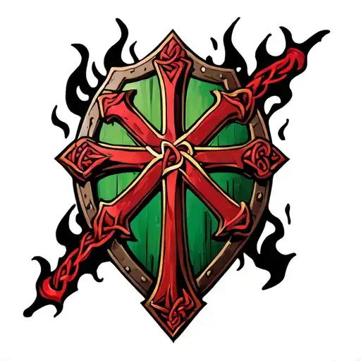 3D Red Jerusalem Cross Against A Crusader Shield Made Of Green And Black Celtic Knot Flames