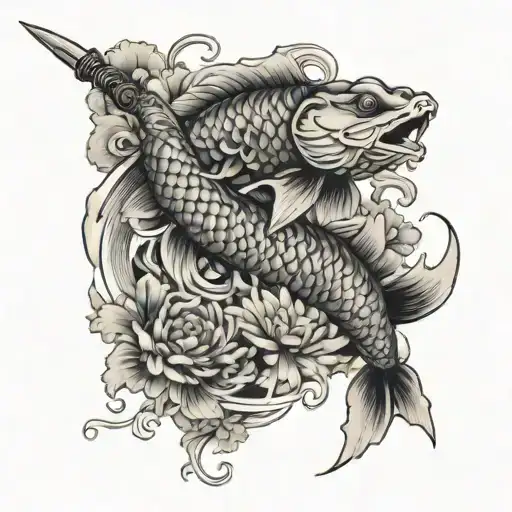 Koi Fish Mixed With A Sword And Chrysanthemum
