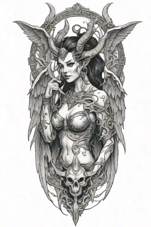 Diablo Iv Lilith Tattoo With Demon Wings And Horns
