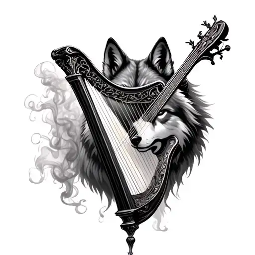 Antique Harp With A Wolf Behind It In Smoke
