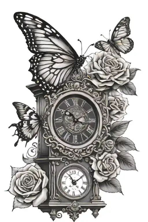 Grandfather Clock With A Rose On Each Side And Monarch Butterflier