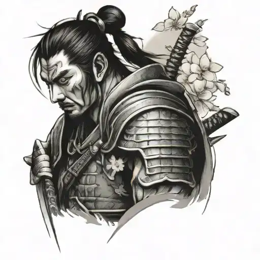 Samurai Warrior Standing And Sakura Behind Him