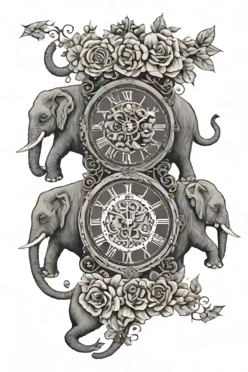 Elephants With A Black Background With Hawing Flowers Surrounding It An Also A Clock