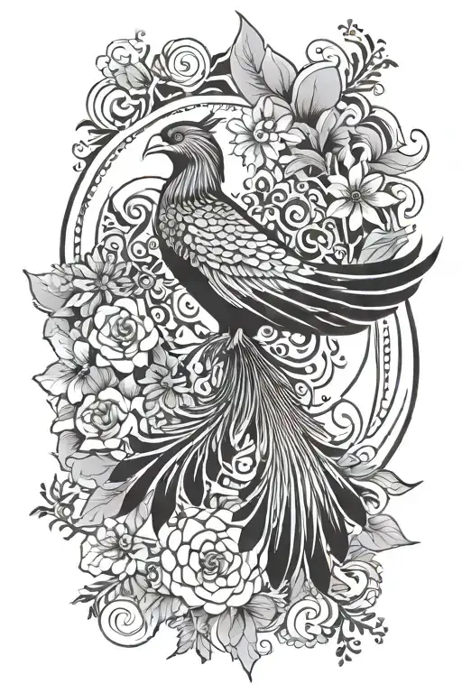 Mandala With Phoenix And Flowers Around