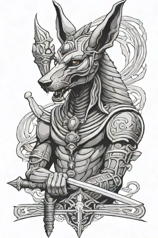 Anubis Holding Sword Skull Surrounded