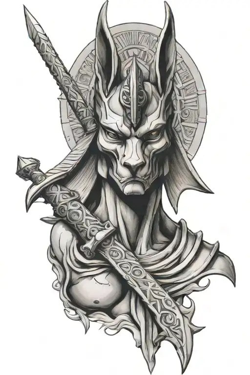 Anubis Holding Sword Skull Surrounded