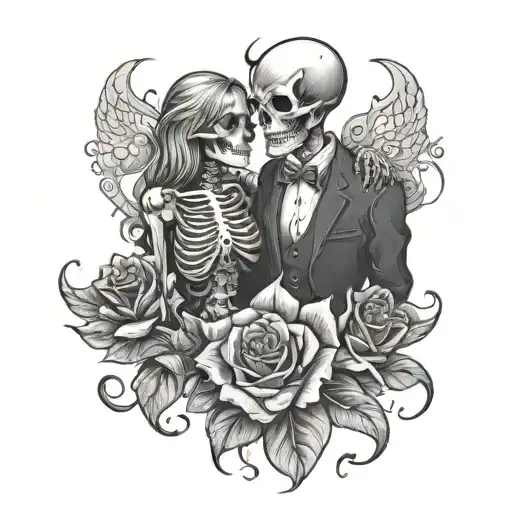 Skeleton Couple With A Rose In Flame