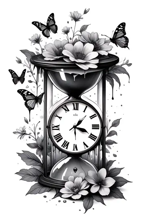 Hour Glass With Clock Face Melting With Flowers And Butterflies