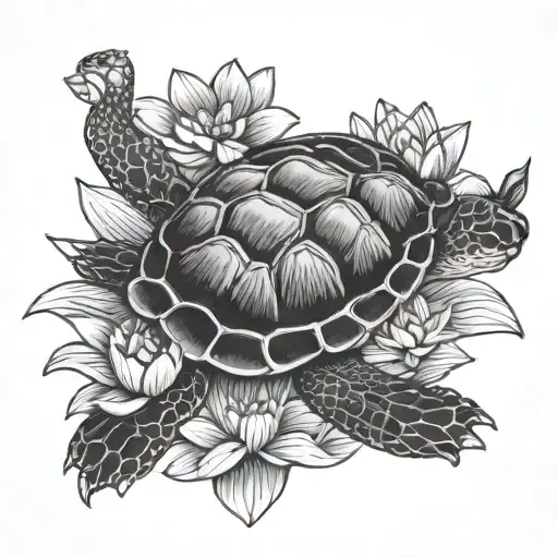 Japanese Turtle With Lotus Flower Blooming