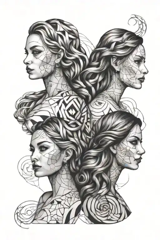 A Portrait-style Tattoo Of Three Daughters With Intricate Geometric Patterns In The Background