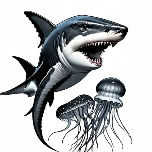 Hammer Head Shark Next To A Stingray And A Jellyfish