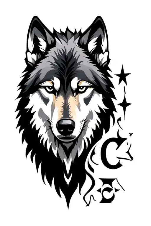 Black Fine Line Wolf With A C And A Star