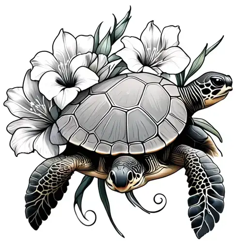 Sea Turtle With Gladiolus Flowers Intertwined