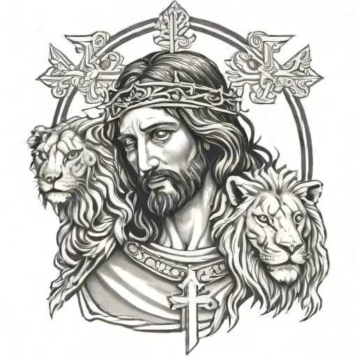 Jesus And Lion With Crosses
