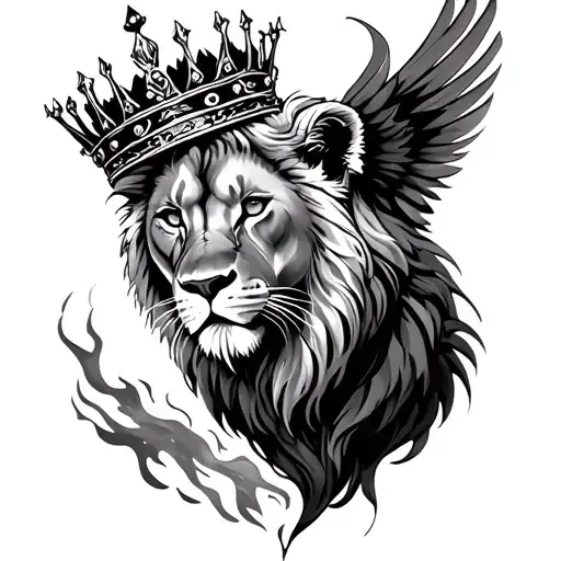 Lioness Wearing A Crown Half Phoenix Rising From The Ashes