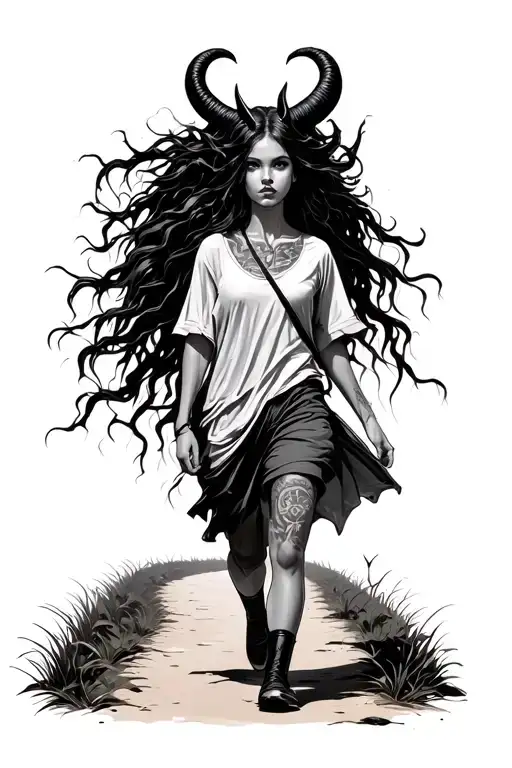 Girl Walking Along A Path With Her A Demon Behind Her