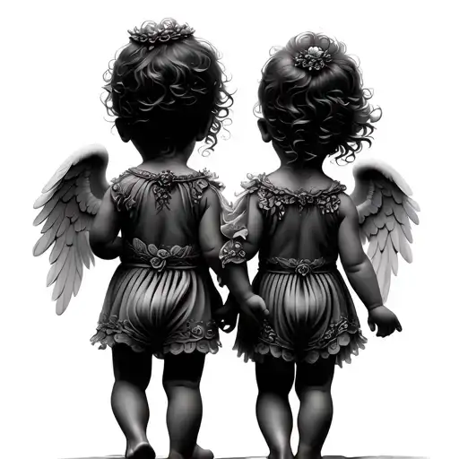 Two Baby Angels Backs Turned Walking Away Holding Hands More Detail
