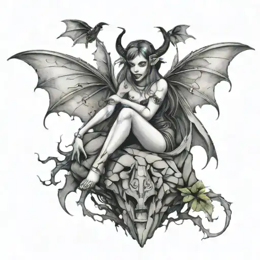 Evil Fairy On A Rock With Bats Coming Out Of Her Hands