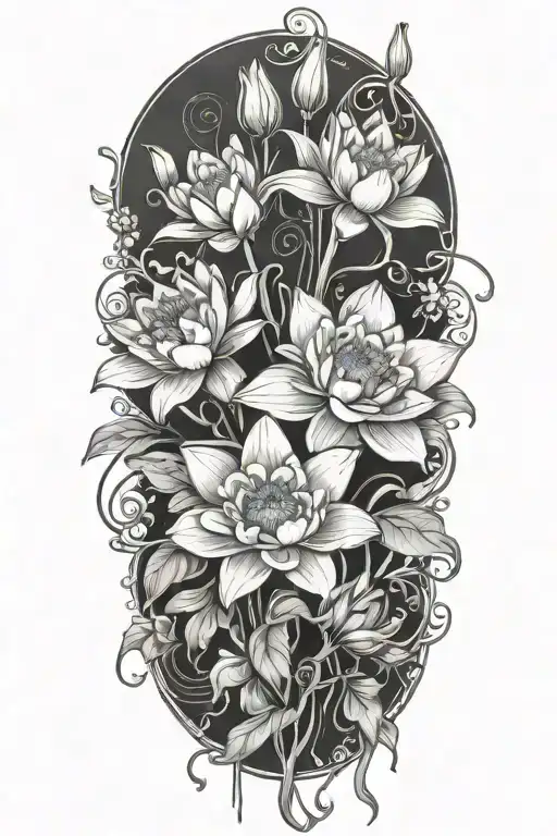 Water Lily And Narcissus Flowers With Vines