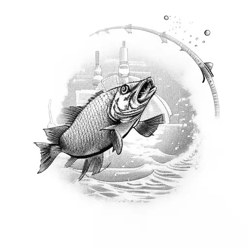 A Black-grey Tattoo Of A Fisherman Catching A Futuristic Robotic Fish In A Pixelated Gaming World
