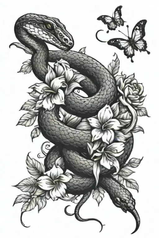 A Tattoo Of A Snake Wrapped Around A Lot Of Big Flowers To Showcase Your Love For Snakes And Flowers