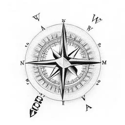 A Black-grey Tattoo Of A Heart-shaped Compass With The Word 'Family'