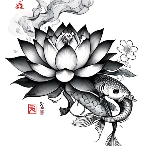 Lotus Flower With Smoke Coming Out And Koi Fish And Japanese Symbols And Cherry Blossoms Sleeve