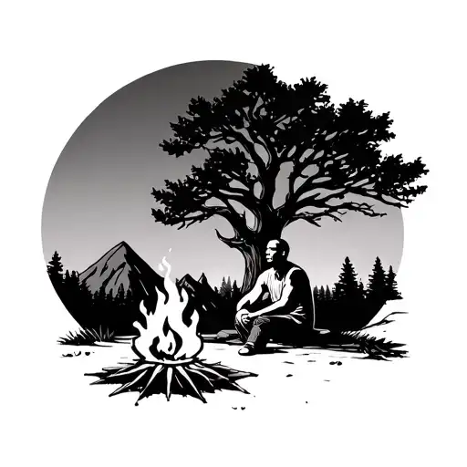 Man Sitting Against Oak Tree Next To Campfire Infront Of One Tall Mountain