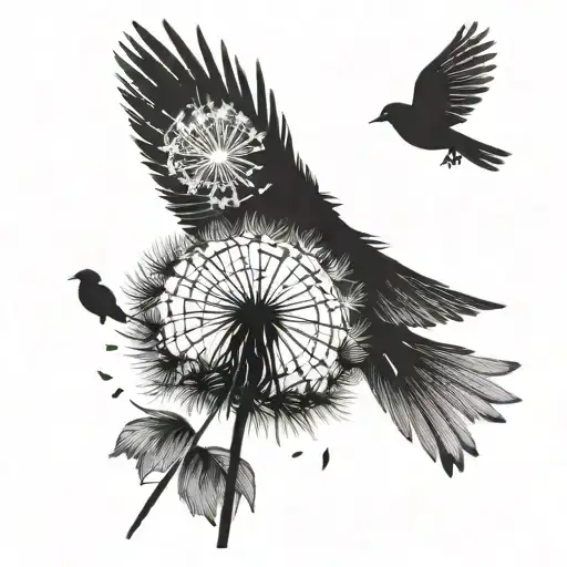 Dandelion With Two Black Birds Flying Away